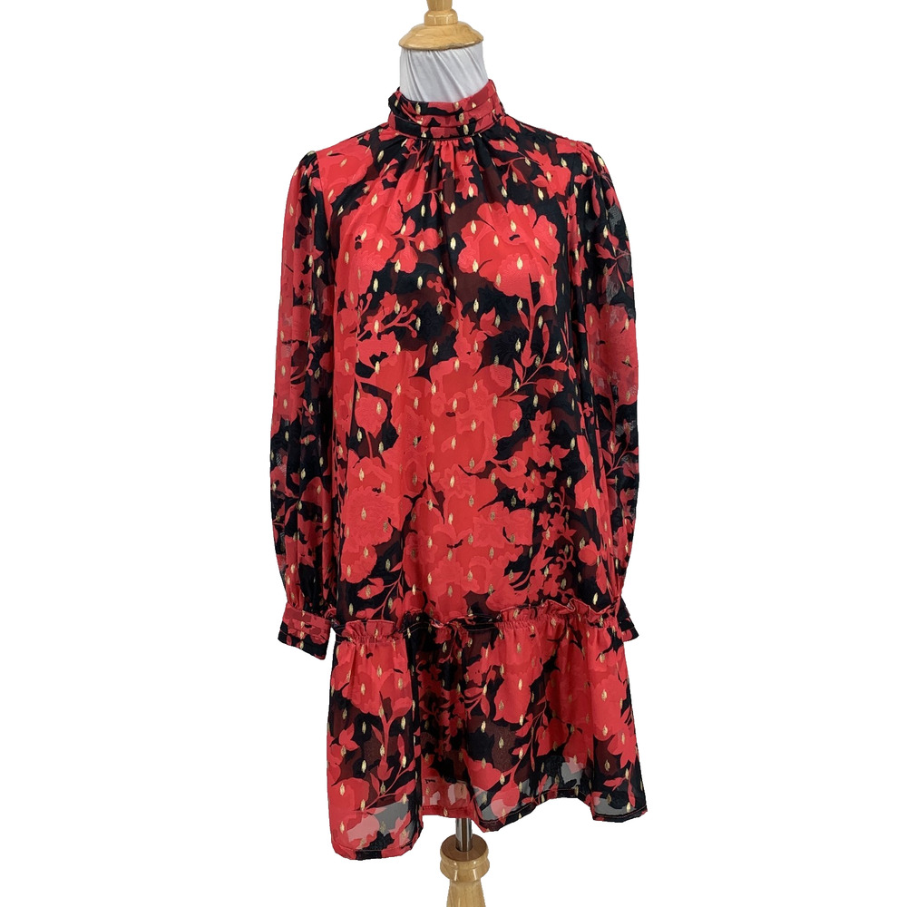 Pinch Dress Womens S Small Drop Waist Ruffled Tier Mock Neck Long Sleeve LIned